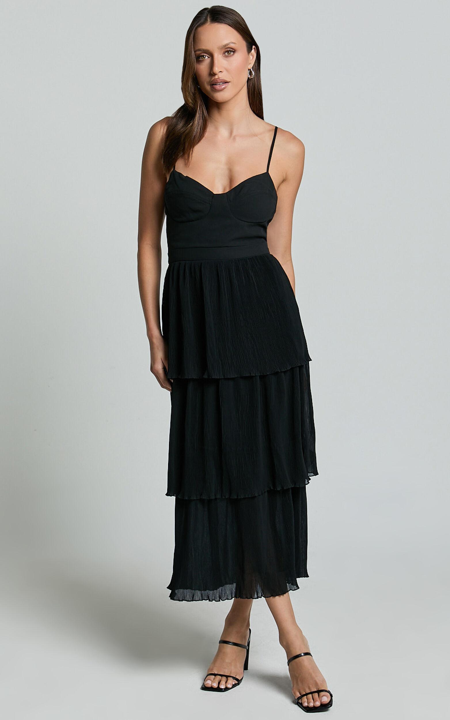 Nina Midi Dress - Bustier Frill Detail Dress in Black Product Image