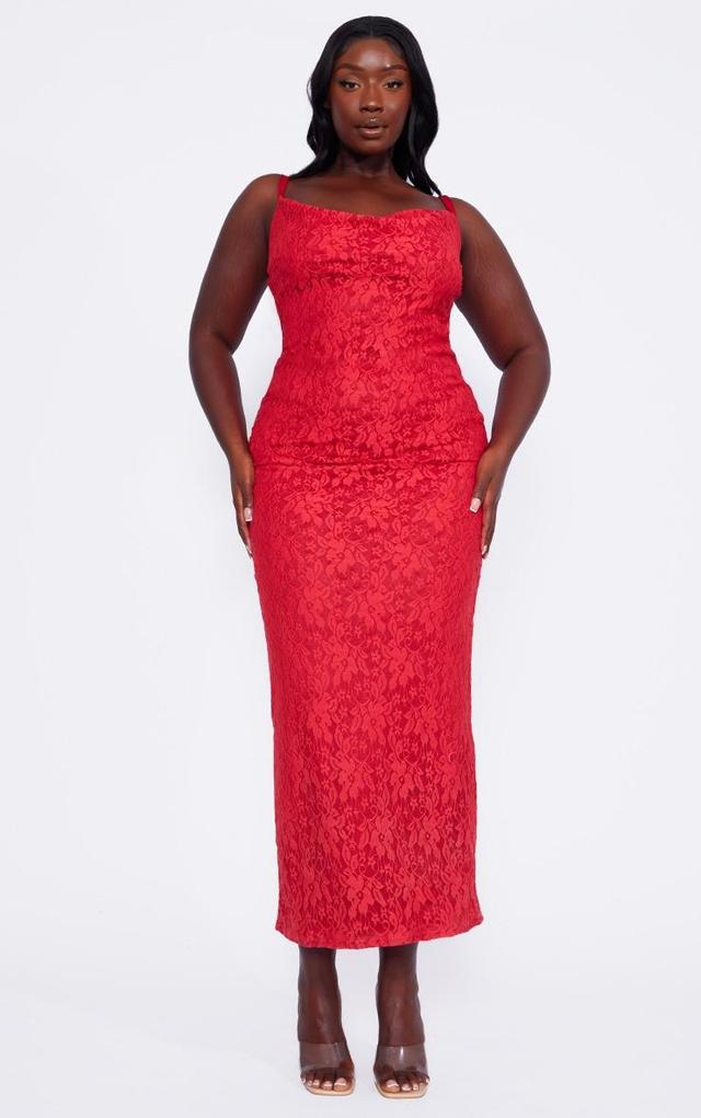 Plus Red Lace Cowl Neck Maxi Dress Product Image