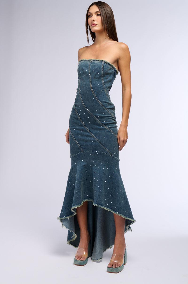 MY OWN MUSE HIGH LOW RHINESTONE DENIM MIDI DRESS Product Image