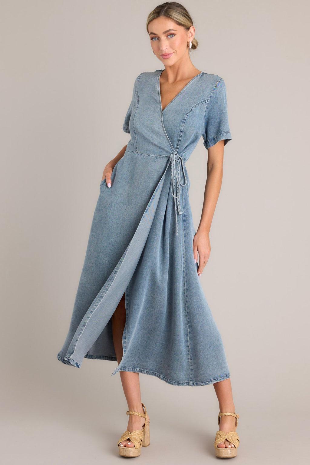 Odyssey Within Medium Wash Chambray Wrap Midi Dress Product Image