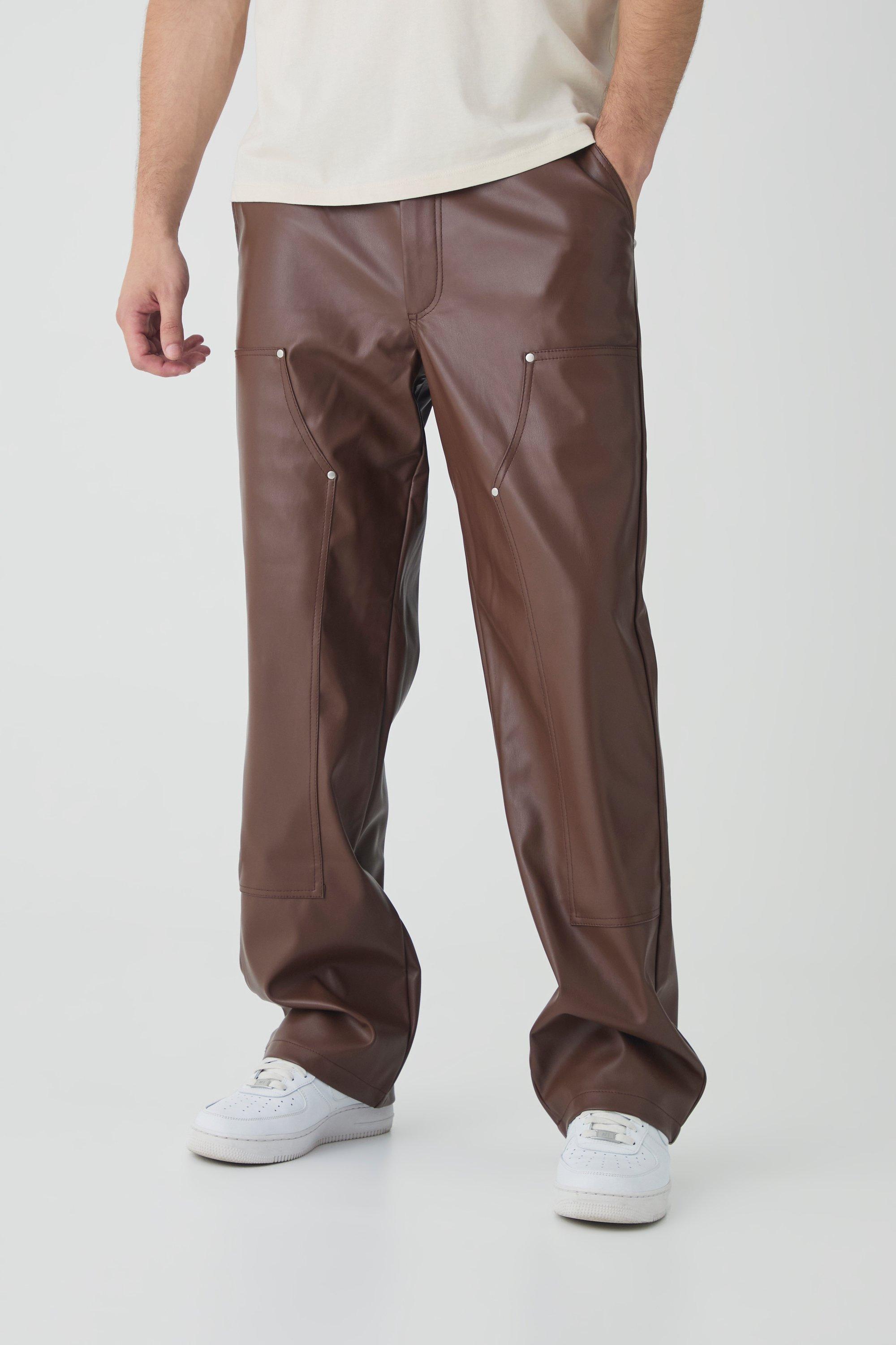 Mens Brown Tall PU Relaxed Fit Carpenter Trousers, Brown Product Image