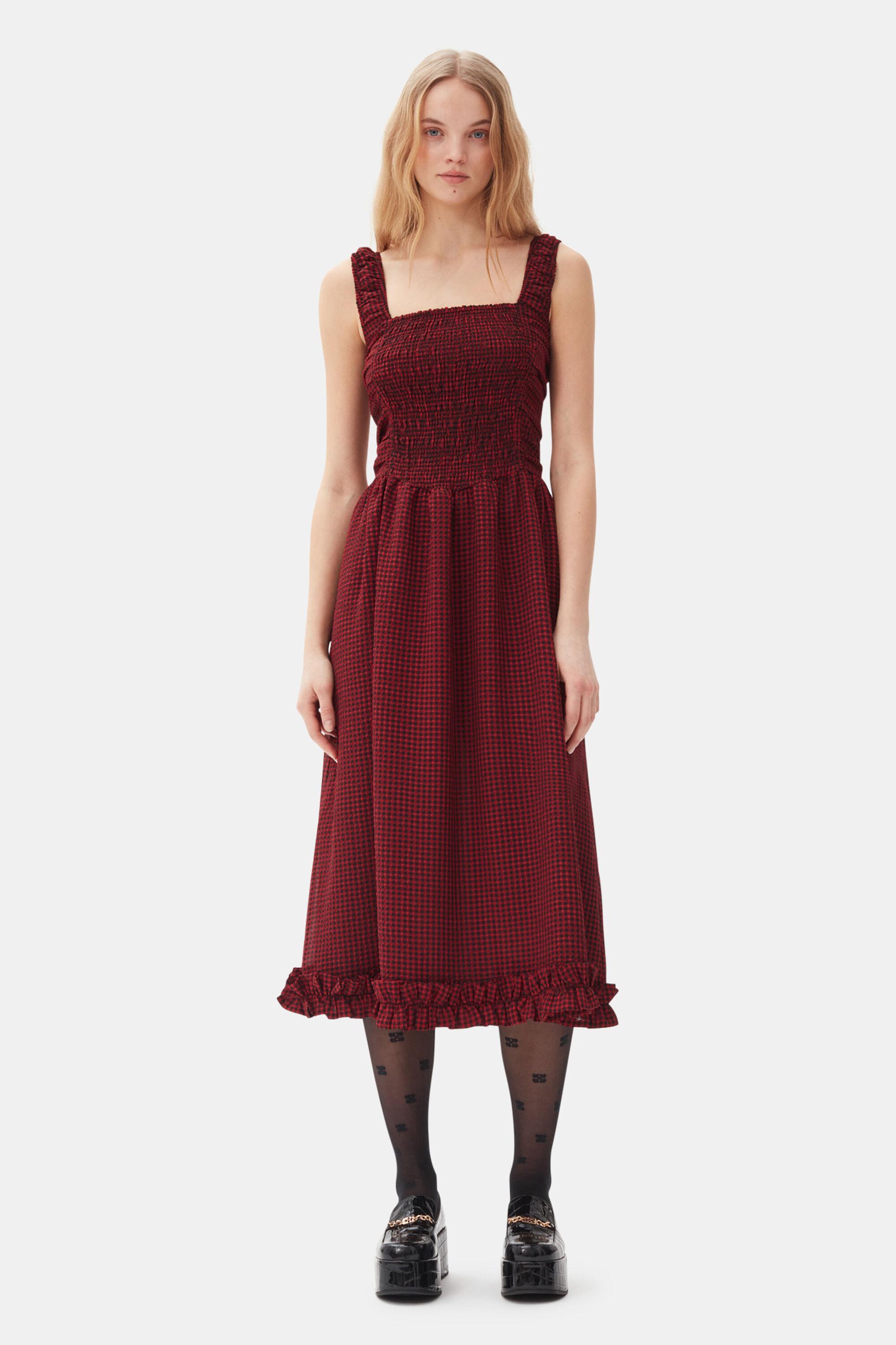 Red Sheer Midi Strap Smock Dress Product Image