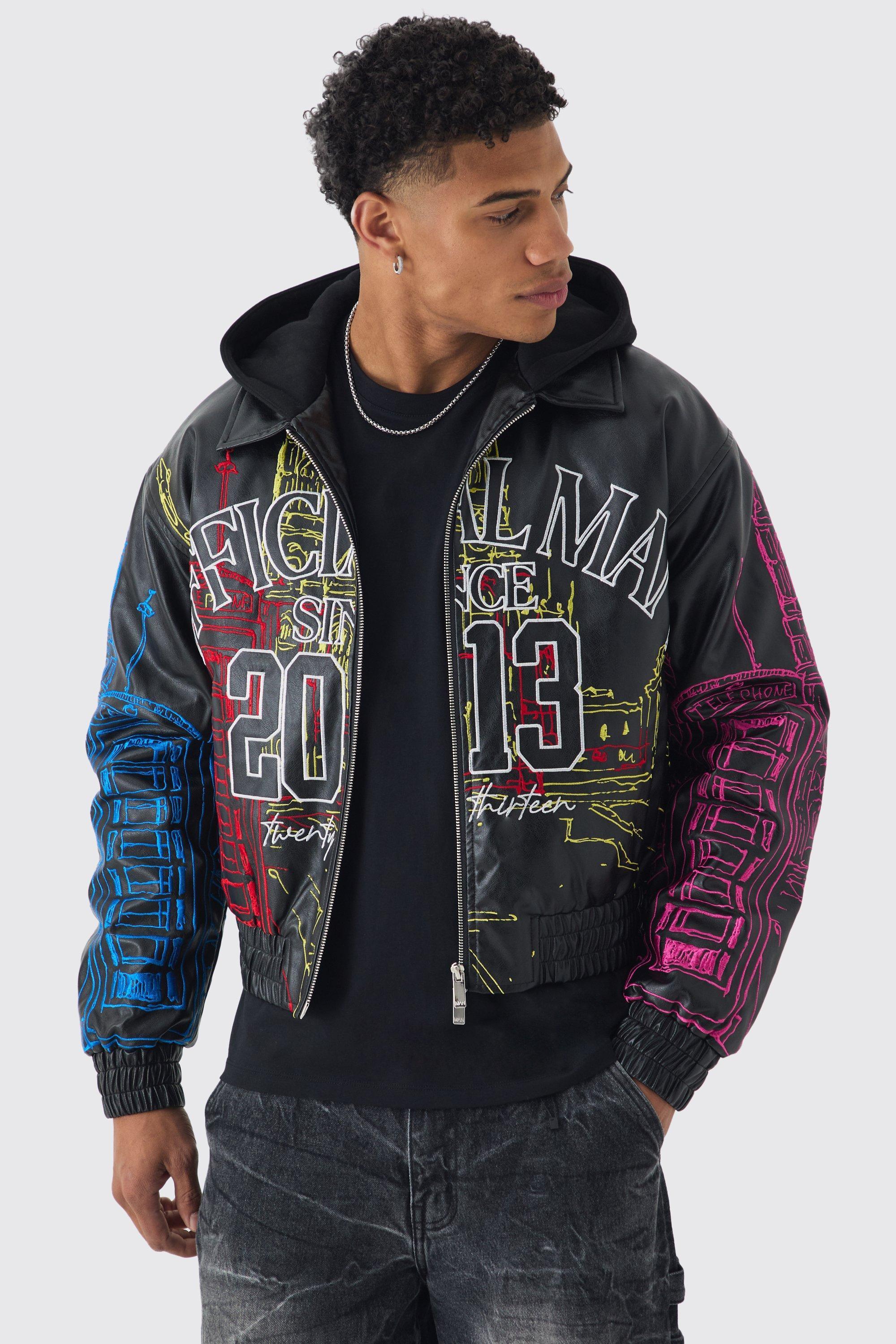 Official Man Boxy Hooded Embroidered PU Bomber Jacket | boohooMAN USA Product Image