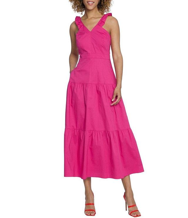 Maggy London Stretch Poplin V-Neck Sleeveless Ruffle Strap Tiered Dress Product Image