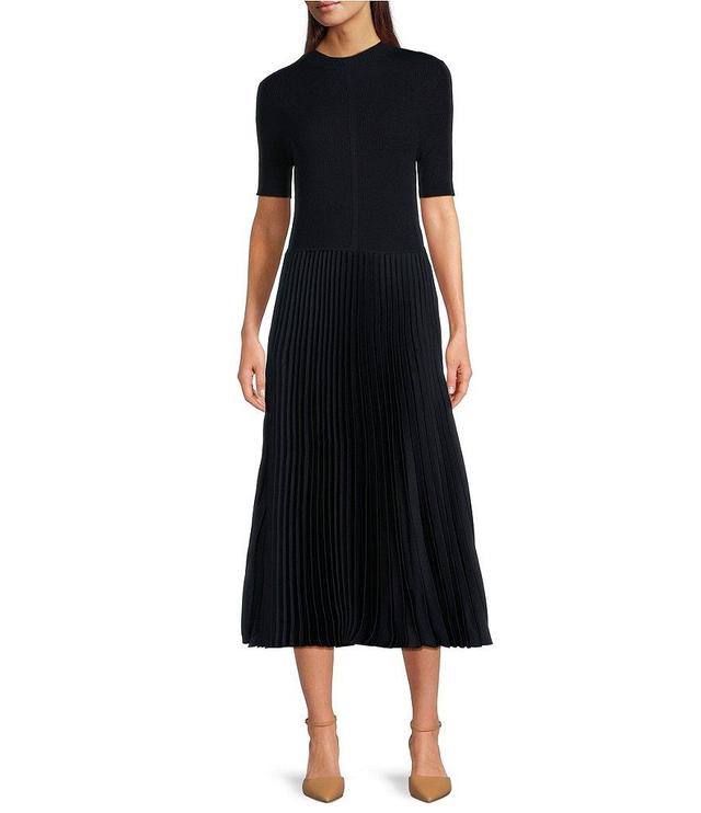 BOSS by HUGO BOSS Fadrid Mixed Media Knit And Woven Round Neck Short Sleeve Pleated Midi Dress Product Image