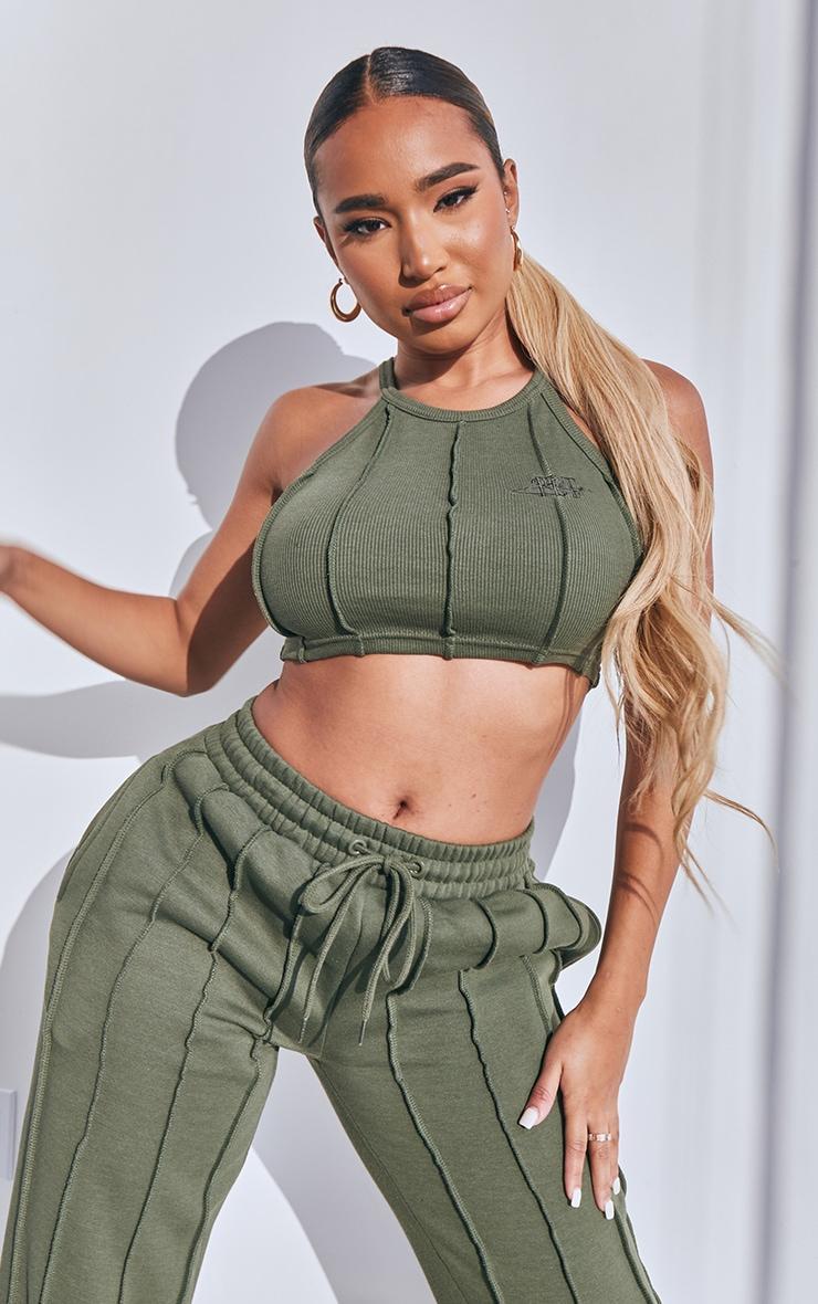 PRETTYLITTLETHING Shape Khaki Rib Seam Detail Crop Top Product Image