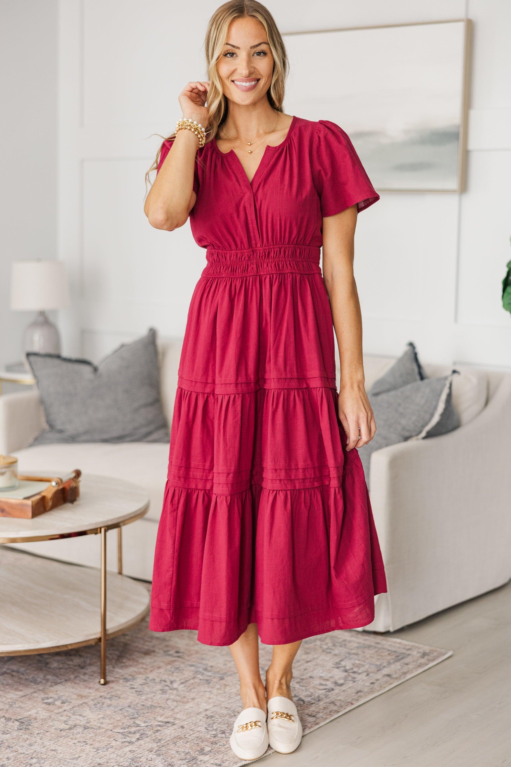 NURSING COLLECTION: It's In The Air Burgundy Red Tiered Midi Dress Female Product Image