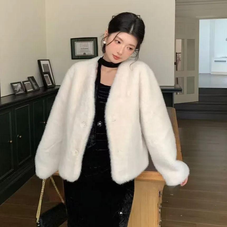 V-Neck Plain Faux Fur Button Jacket Product Image