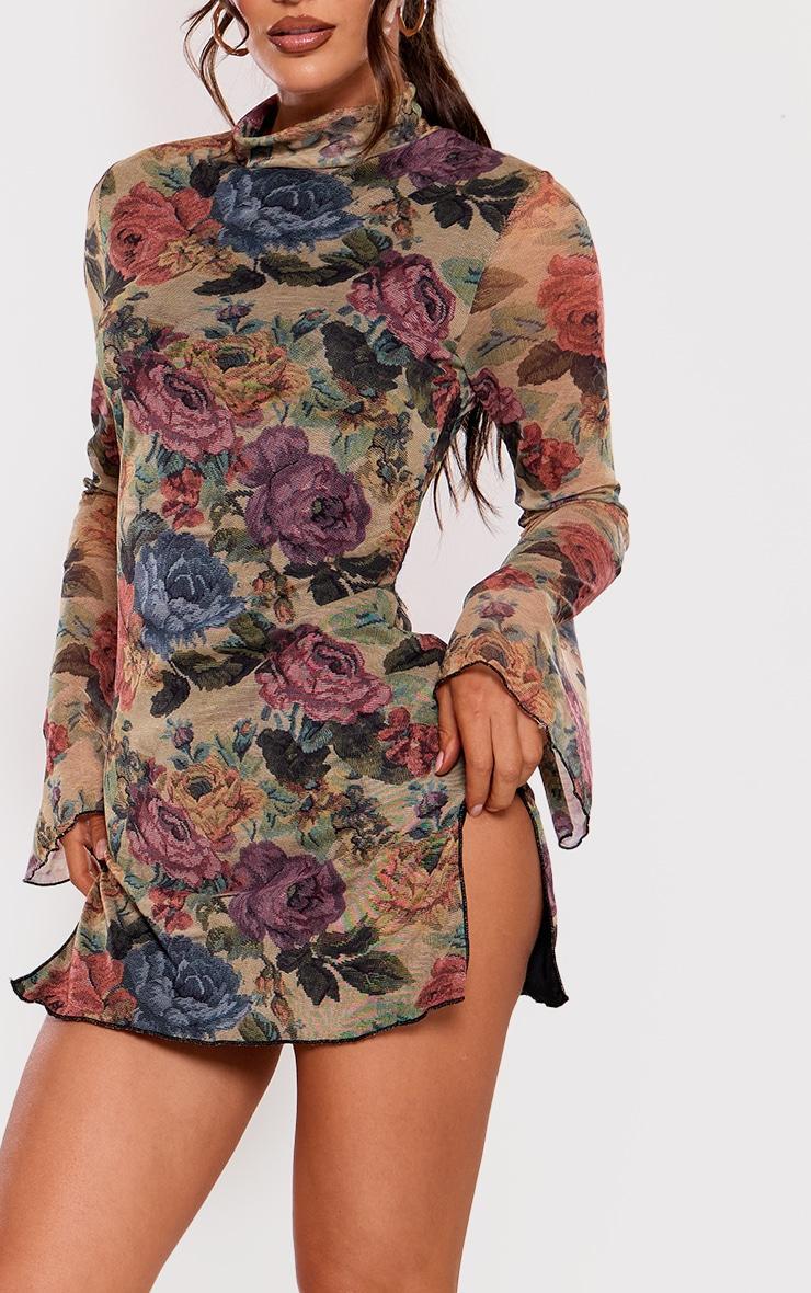  Brown Floral Print High Neck Flared Sleeve Shift Dress Product Image