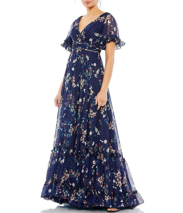 Mac Duggal Ruffle Trim A-Line Floral Print Chiffon Gown Product Image