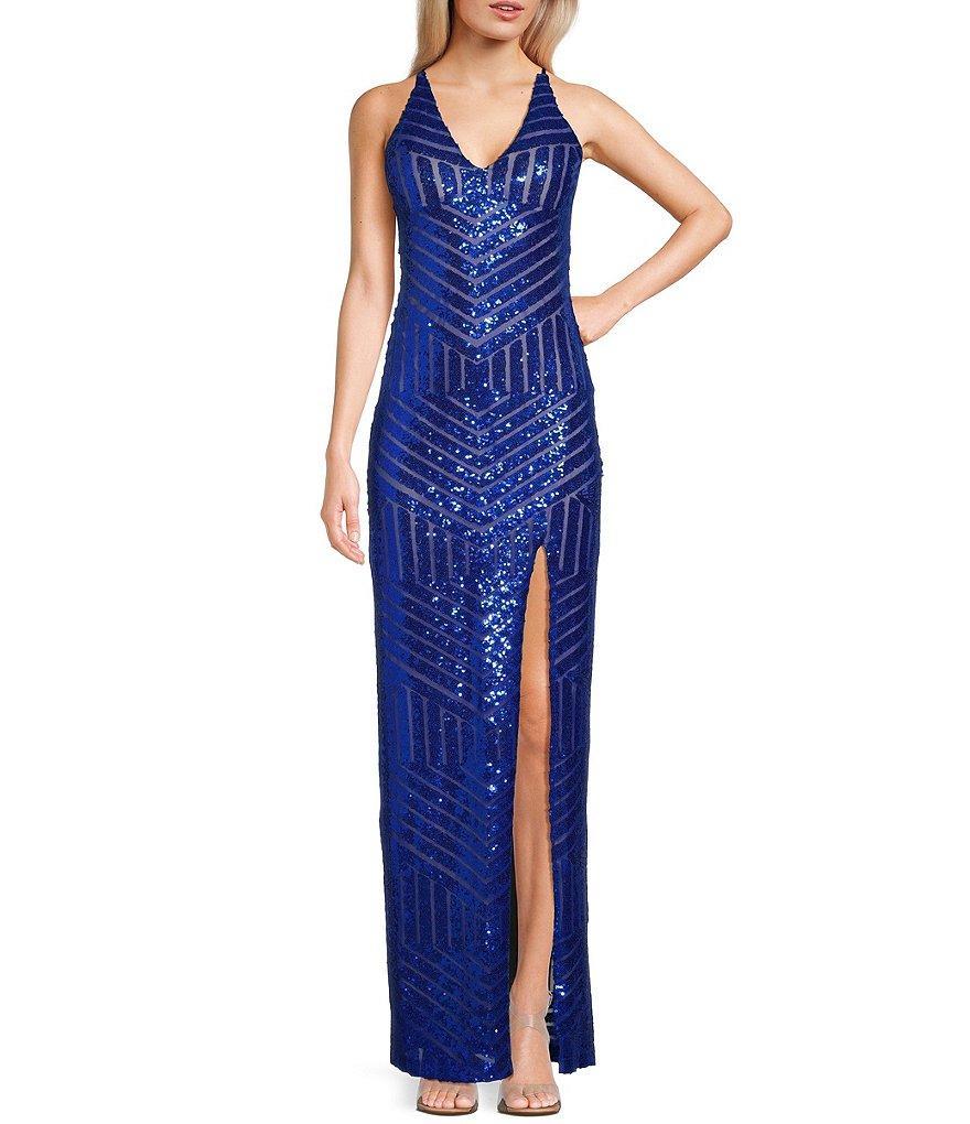 Pear Culture V-Neck Spaghetti Strap Sequin Pattern Dress Product Image