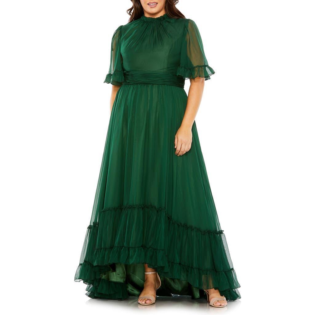 High Neck Flutter Sleeve Ruffle Tiered High Low Plus Size Gown In Emerald Product Image