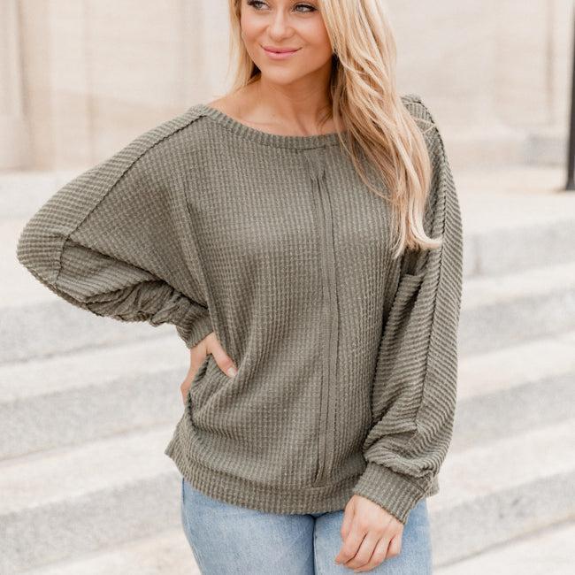 There's Something About You Olive Boat Neck Waffle Pullover FINAL SALE Product Image