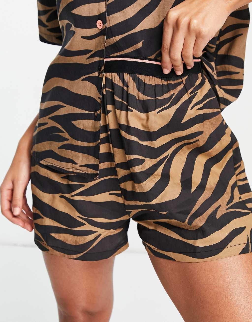 ASOS DESIGN mix & match modal zebra print pajama boxer shorts with jacquard elastic waistband in brown Product Image