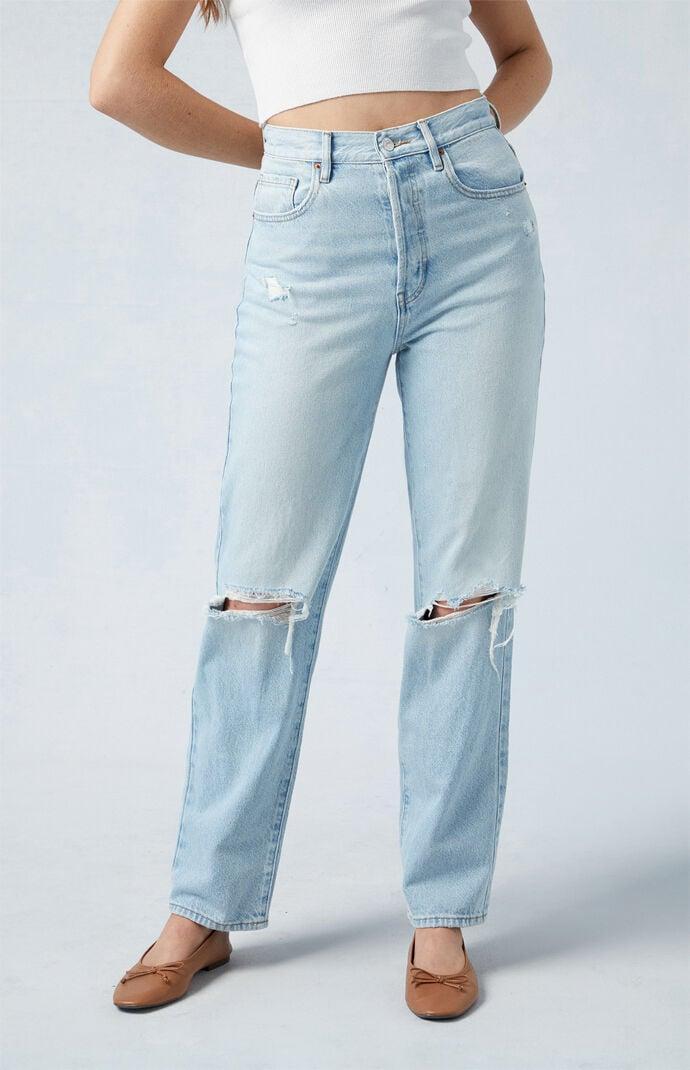 Women's Light Indigo Distressed Dad Jeans Product Image