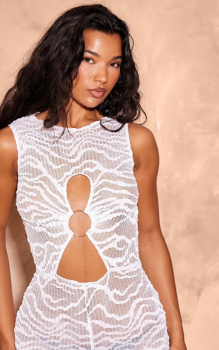 White Sheer Textured Jersey Ring Detail Cut Out Romper Product Image