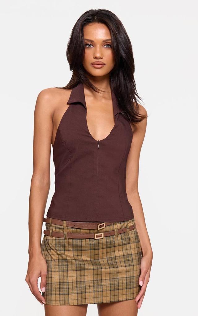 Chocolate Stretch Woven Zip Collar Detail Long Top Product Image