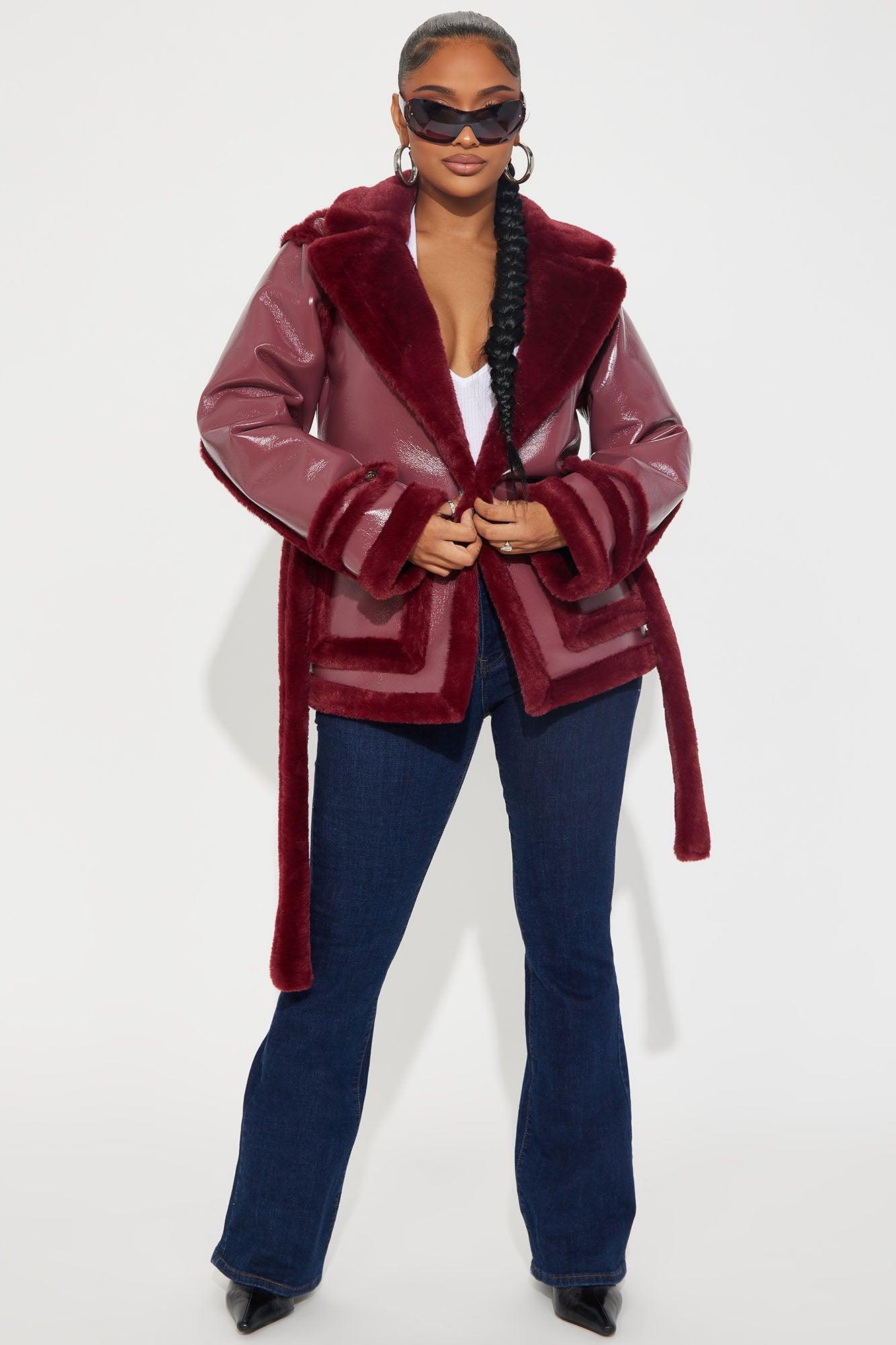 Waiting Games Shearling Coat - Burgundy Product Image