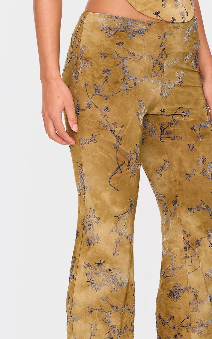 Olive Floral Print Devore Slim Flare Pants Product Image