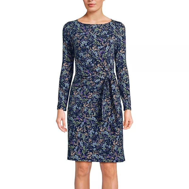 Womens Lands End Long Sleeve Boatneck Tie-Waist Mini Dress Deep Blue Wildflower Product Image