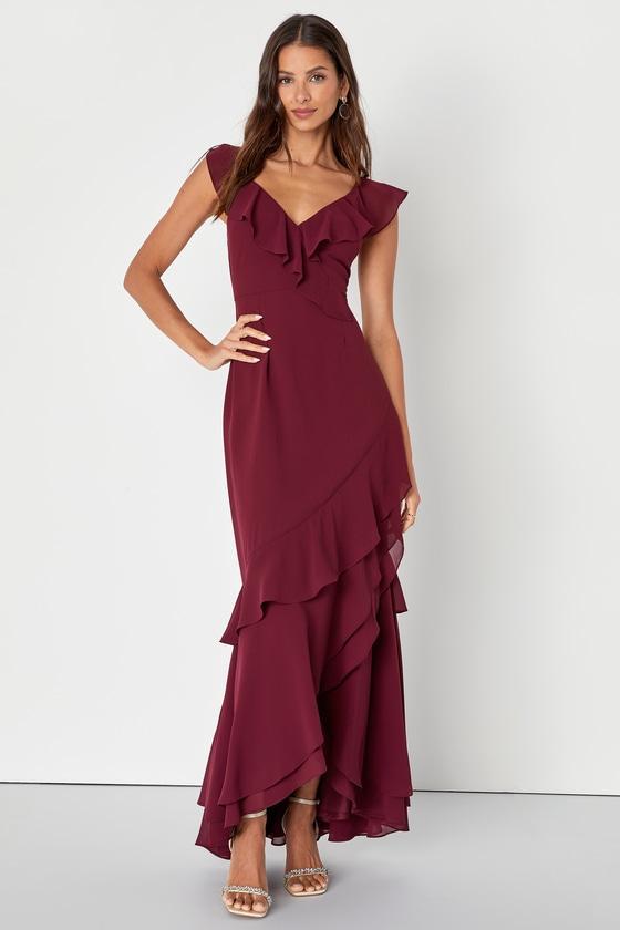 Charming Event Burgundy Asymmetrical Ruffled Maxi Dress Product Image