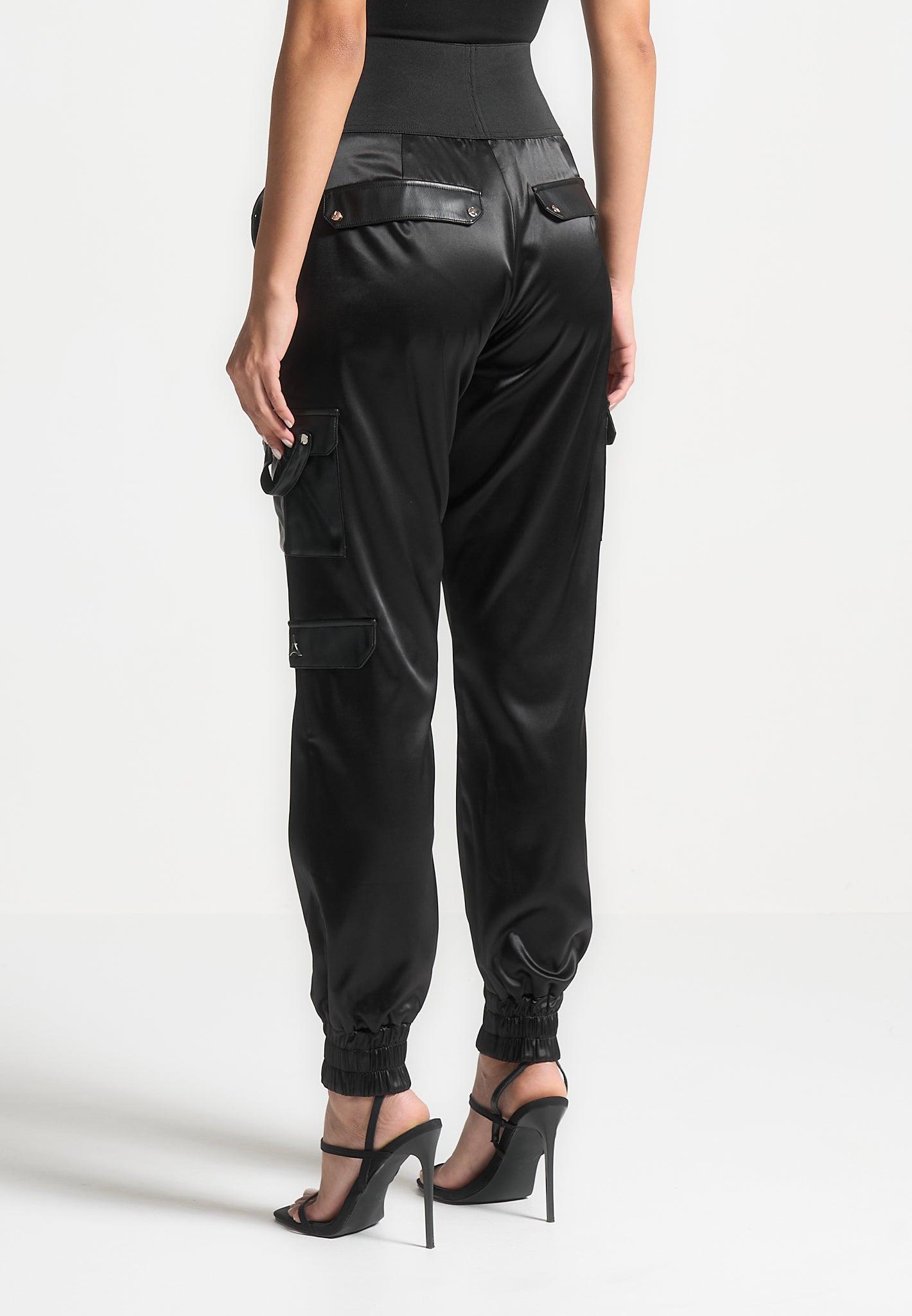 High Waisted Satin Cargo Trousers - Black Female Product Image