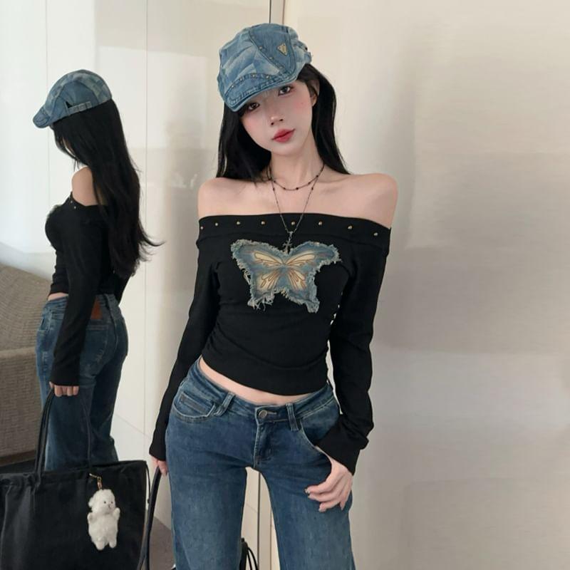 Long Sleeve Off Shoulder Butterfly Applique Top Product Image