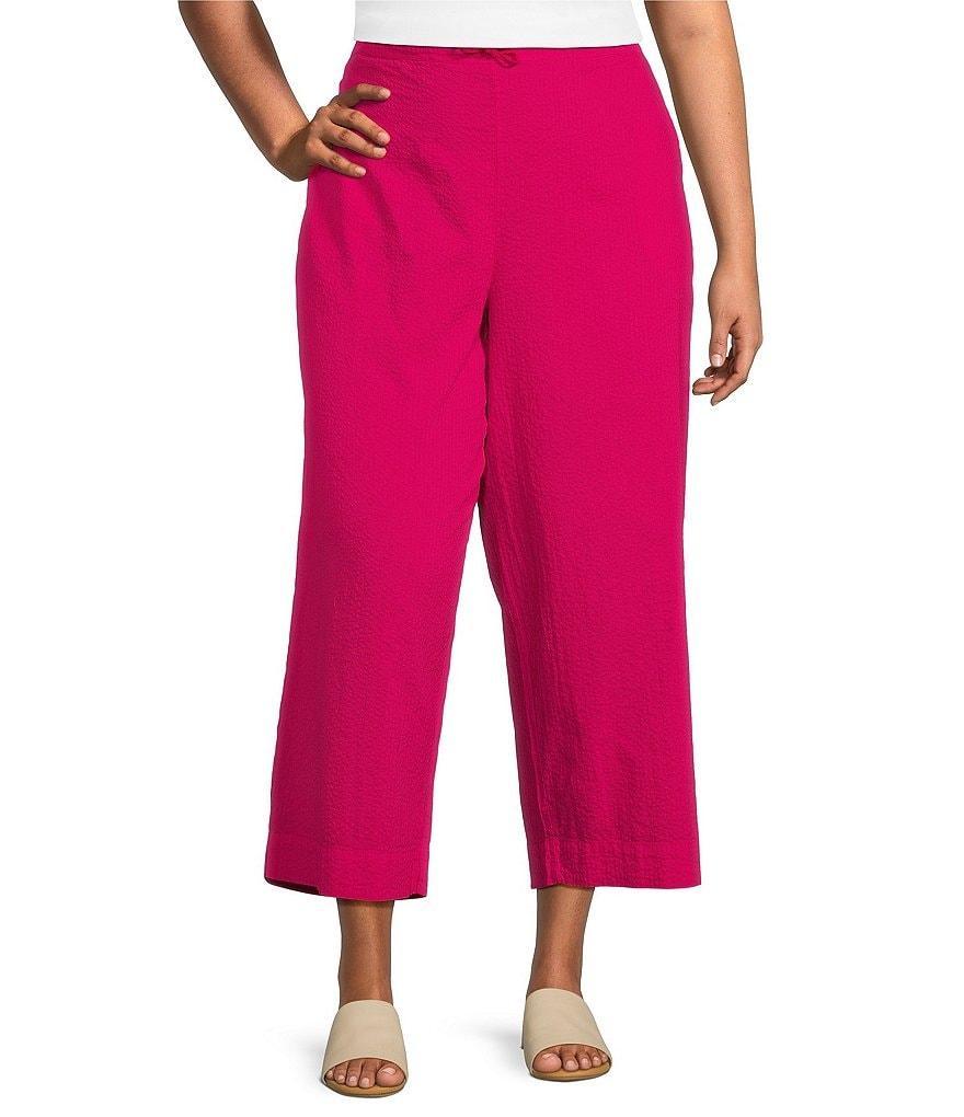 Bryn Walker Plus Size Saba Cotton Seersucker Drawstring Waist Wide-Leg Side Slit Cropped Pants Product Image