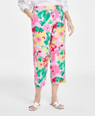 Charter Club Womens 100% Linen Printed Cropped Pull-On Pants, Created for Macys Product Image