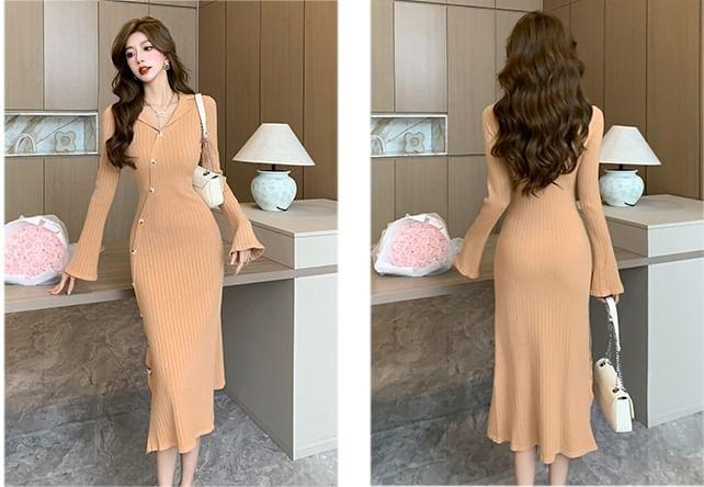 Long-Sleeve Lapel Collar Plain Button-Up Slit Midi Sheath Knit Dress Product Image