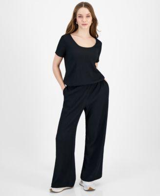 Petite Textured Short Sleeve Scoop Neck Top & High Rise Textured Wide Leg Pants, Created for Macy's  Product Image