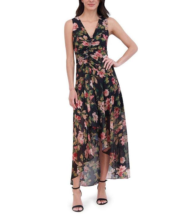 Eliza J Floral Metallic Clip Chiffon V-Neck Sleeveless Ruched High Low Midi Dress Product Image