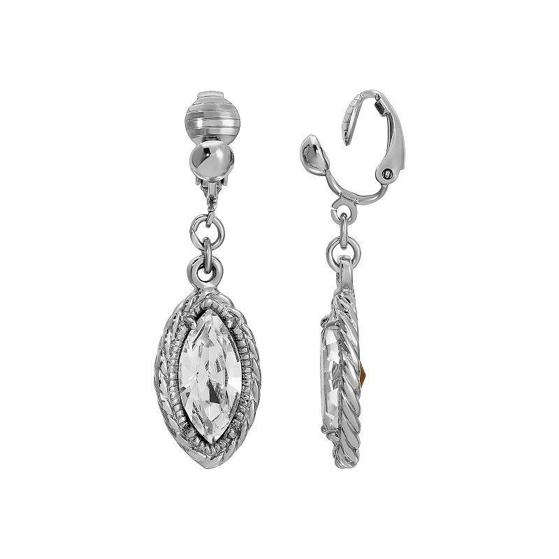 1928 Silver-Tone Clear Crystal Navette-Shaped Clip-On Earrings, Womens, White Product Image