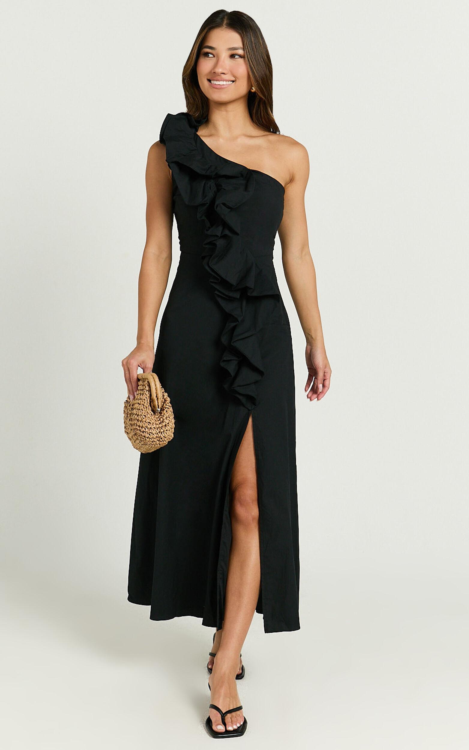 Rita Midi Dress - One Shoulder Ruffle Detail Dress in Black Product Image