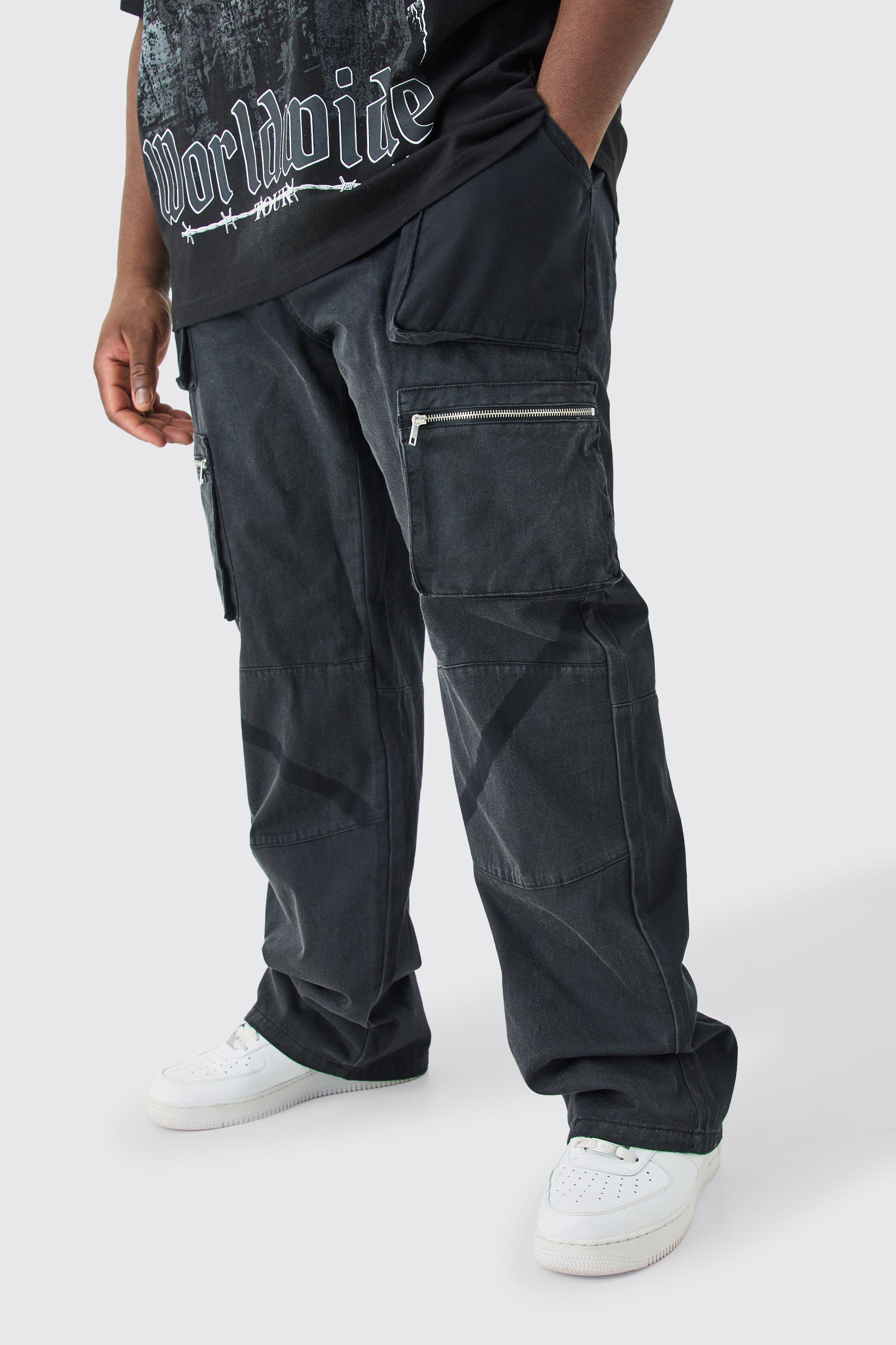 Mens Black Plus Fixed Waist Stacked Straight Leg Overdye Cargo Trouser, Black Product Image