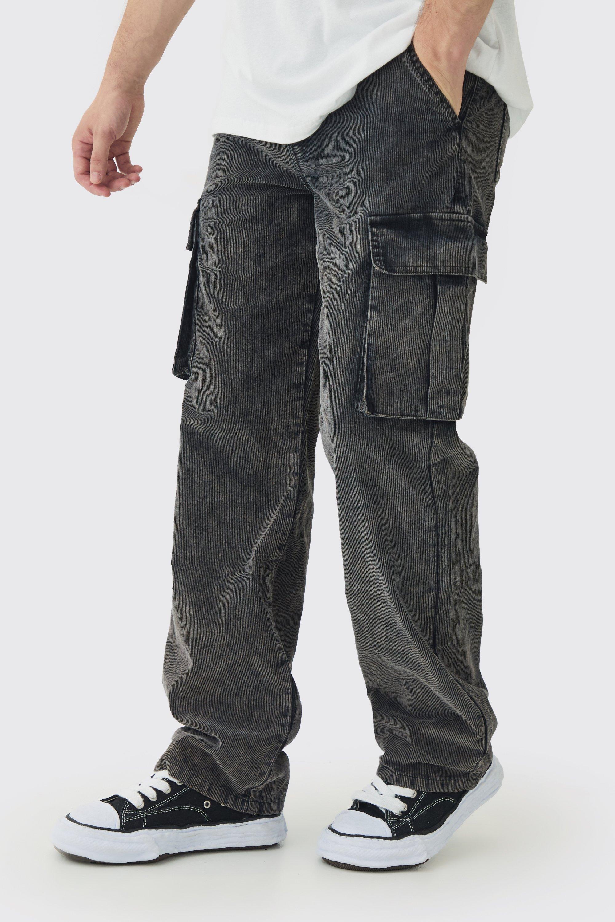 Tall Relaxed Acid Wash Cord Cargo Pants | boohooMAN USA product image