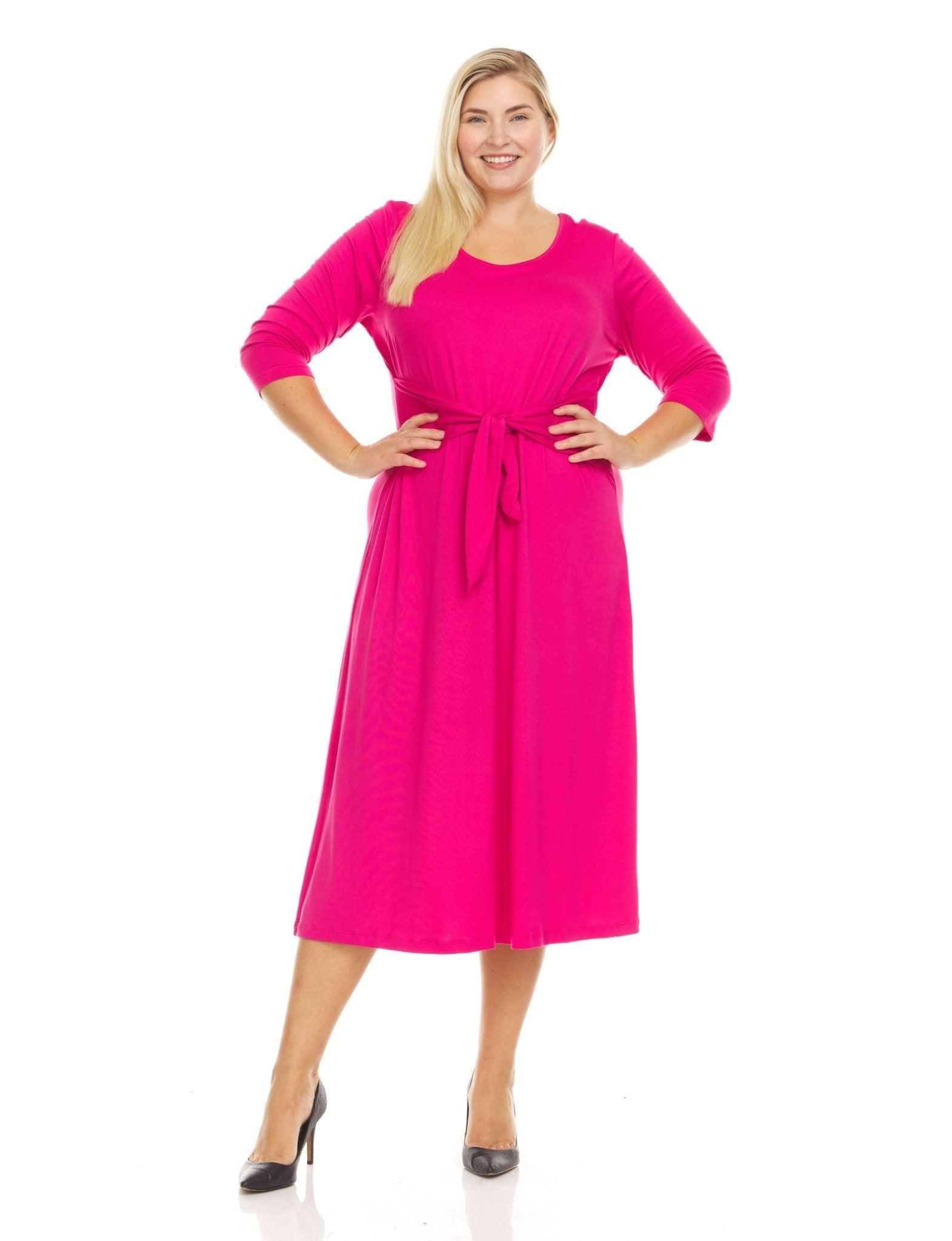 3/4 Sleeve Crew Neck Solid Color A-Line Midi Dress With Self Tie Belt - Plus Product Image