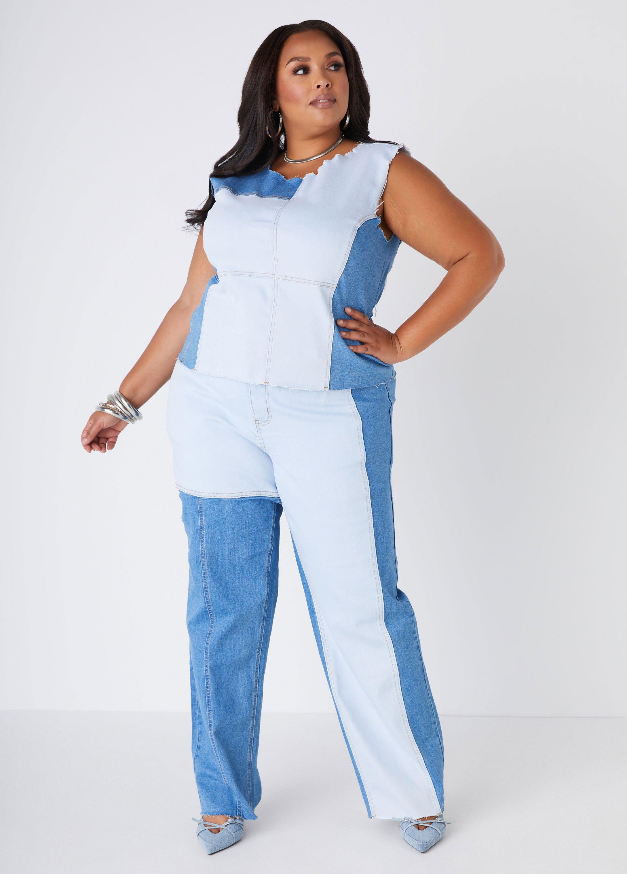 Plus Size Two Tone Straight Leg Jeans Ashley Stewart product image