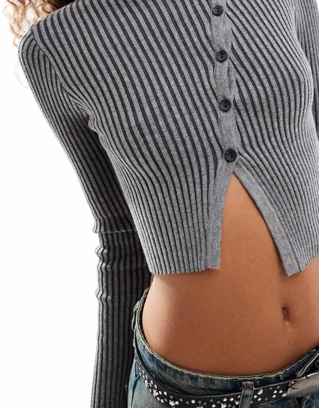 Emory Park ribbed asymmetric long sleeve top in charcoal Product Image