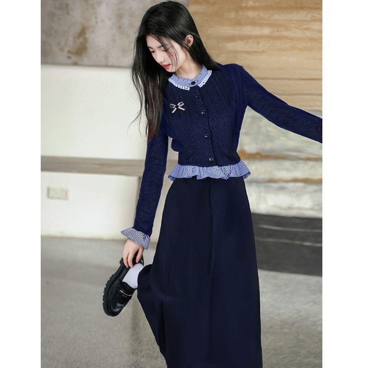 Mock Two-Piece Long-Sleeve Plaid Panel Button Knit Top / High Waist Plain Midi A-Line Skirt / Brooch / Set Product Image