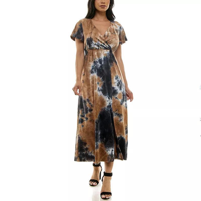 Womens Nina Leonard Tie Dye Print Flutter Sleeve V-Neck Maxi Dress Olive Green Wine Product Image