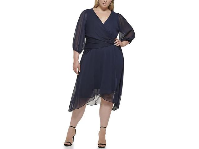 DKNY Plus Size Long Sleeve Balloon Sleeve Dress (Midnight Navy) Women's Clothing Product Image