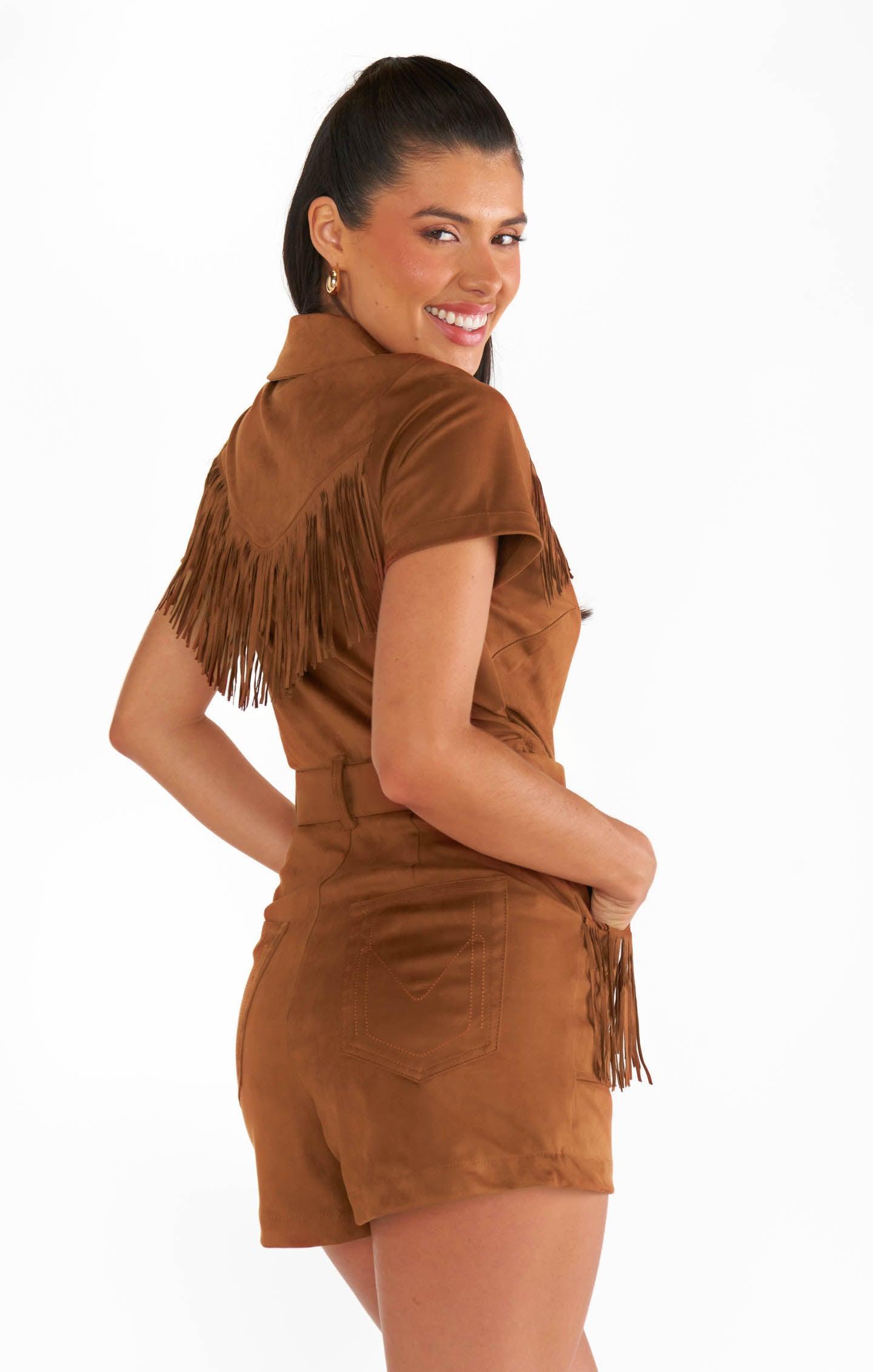 Outlaw Romper ~ Cognac Fringe Faux Suede Product Image