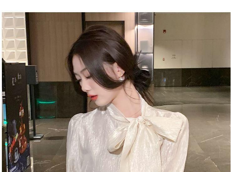 Long-Sleeve Tie-Neck Plain Blouse Product Image