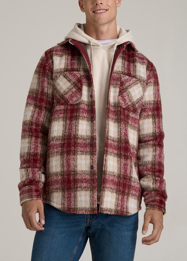 Heavyweight Brushed Flannel Overshirt for Tall Men in Ecru and Red Plaid Male Product Image