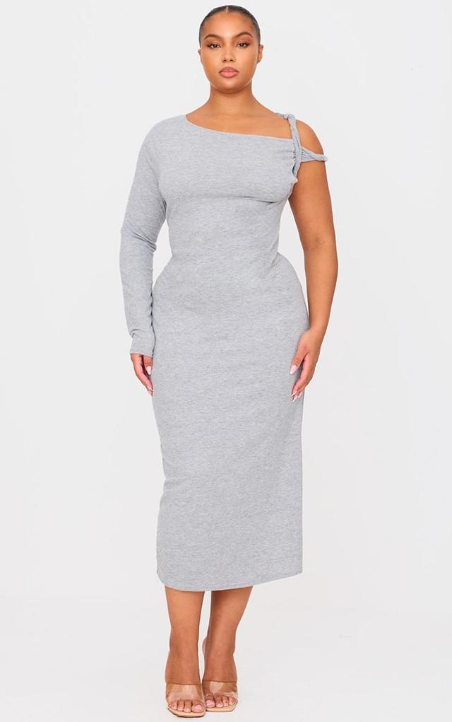 Plus Grey Marl Asymmetric Twist Shoulder Soft Touch Midi Dress Product Image