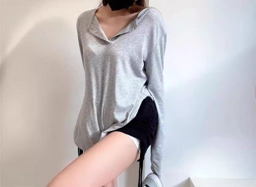 Long-Sleeve Half Buttoned Plain Top Product Image