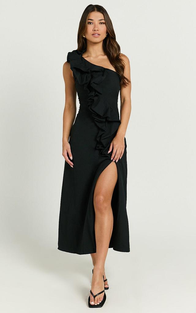 Rita Midi Dress - One Shoulder Ruffle Detail Dress in Black Product Image