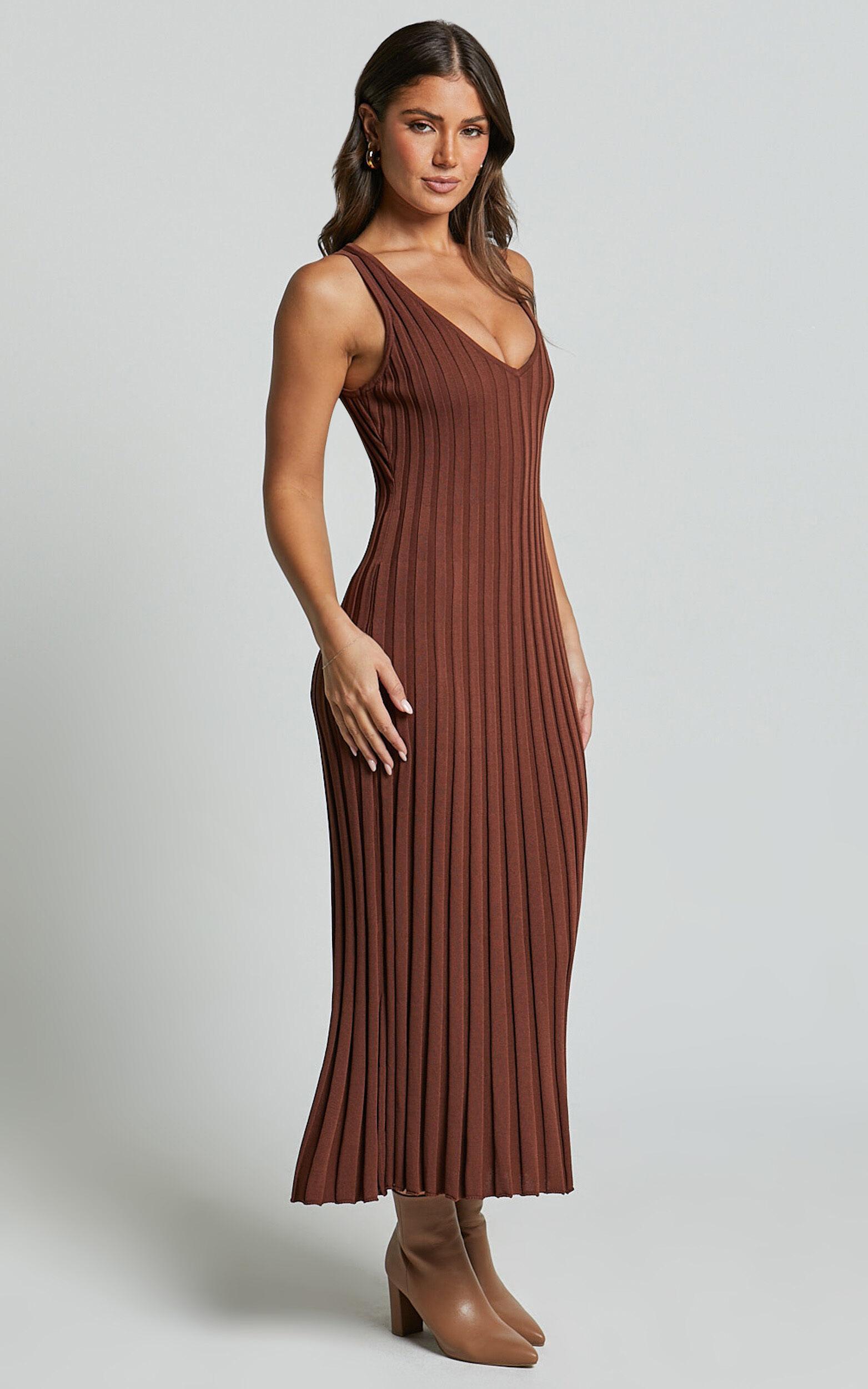 Maya Midi Knit Dress - Sleeveless V Neck Knited Dress in Dark Chocolate Product Image