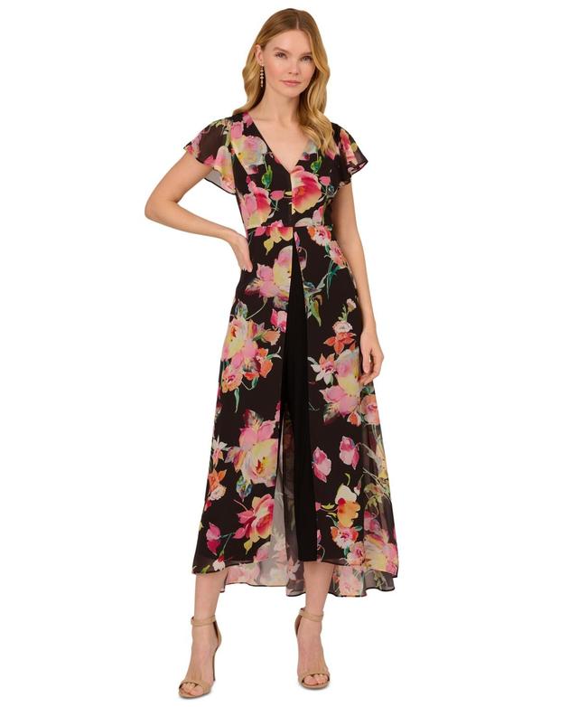 Adrianna Papell Womens Floral Flutter-Sleeve Jumpsuit Product Image